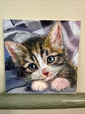 Adorable Kitten Original Mixed Media Painting on 6”x 6” Canvas Panel